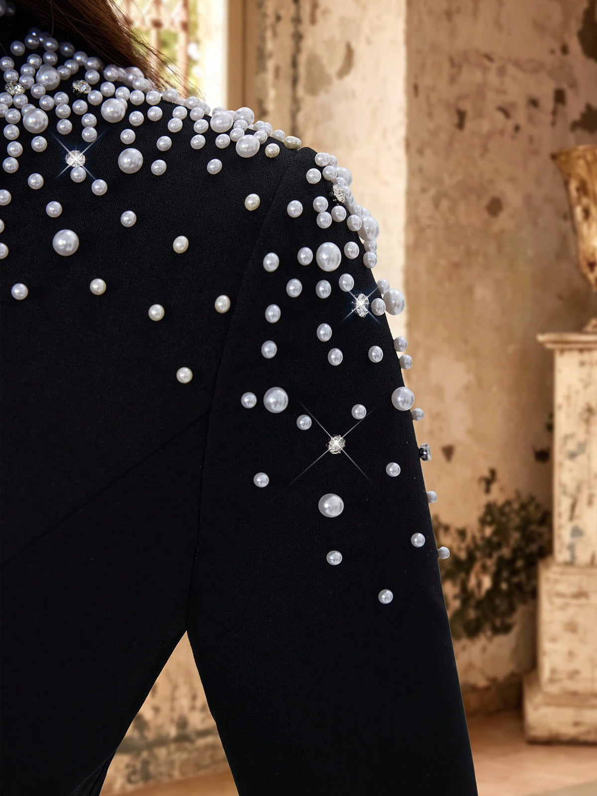 Fall Elegant High Neck Long Sleeve Faux Pearl Beaded Slim Fit Mermaid Maxi Dress, Winter Stretch Bodycon Formal Evening Gown, Party Banquet Wedding