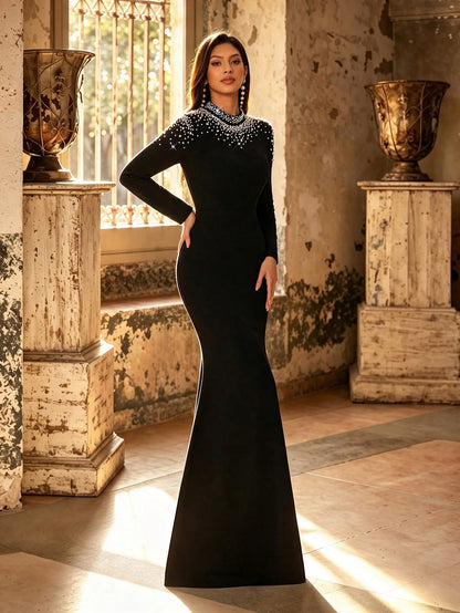 Fall Elegant High Neck Long Sleeve Faux Pearl Beaded Slim Fit Mermaid Maxi Dress, Winter Stretch Bodycon Formal Evening Gown, Party Banquet Wedding