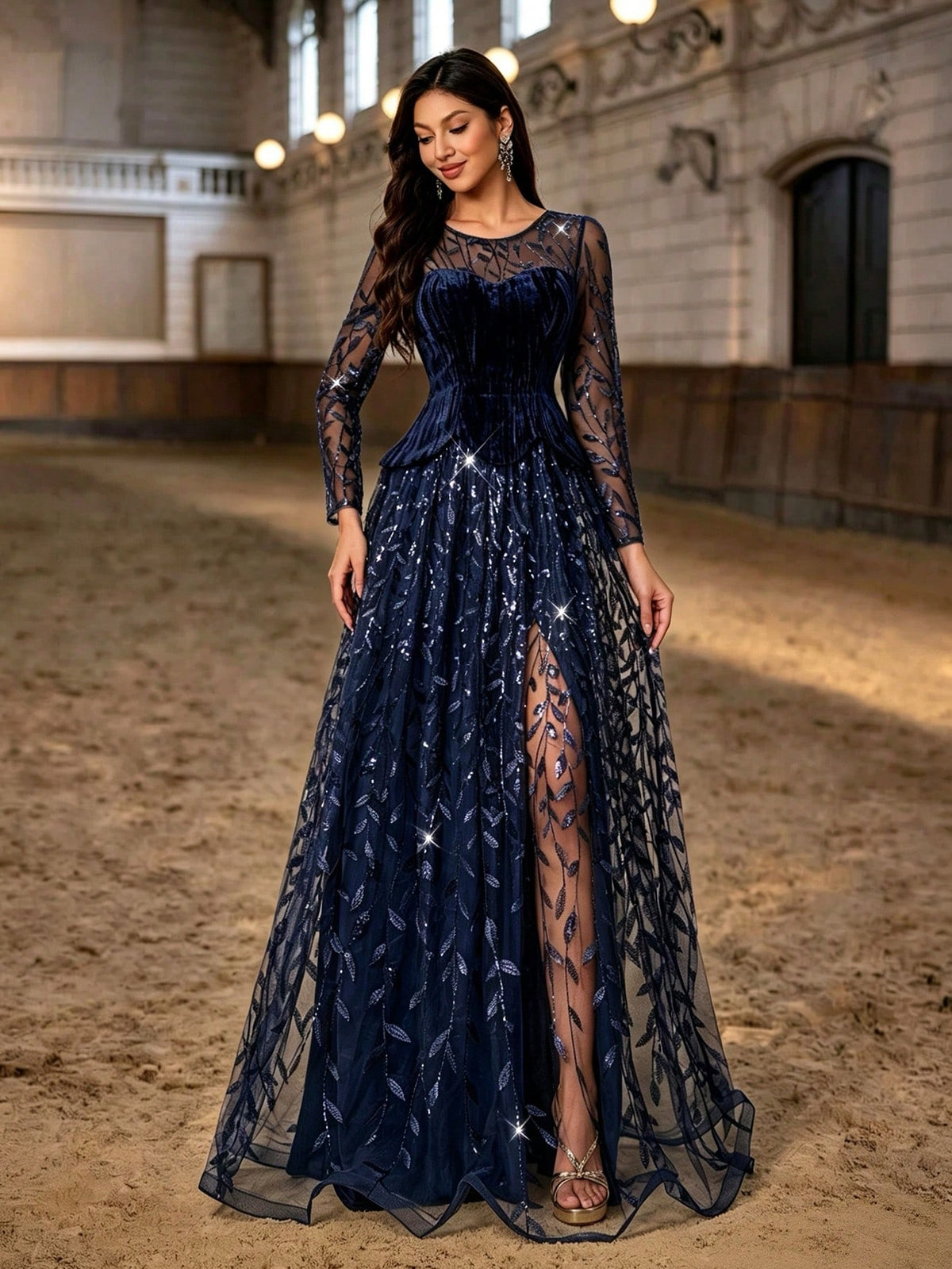 Autumn/Winter Elegant Navy Blue Velvet Sequin Leaf Embroidery Long Evening Gown, Long Sheer Sleeve High Slit 2 In 1 Formal Dress, Suitable For Party, Ball, Wedding
