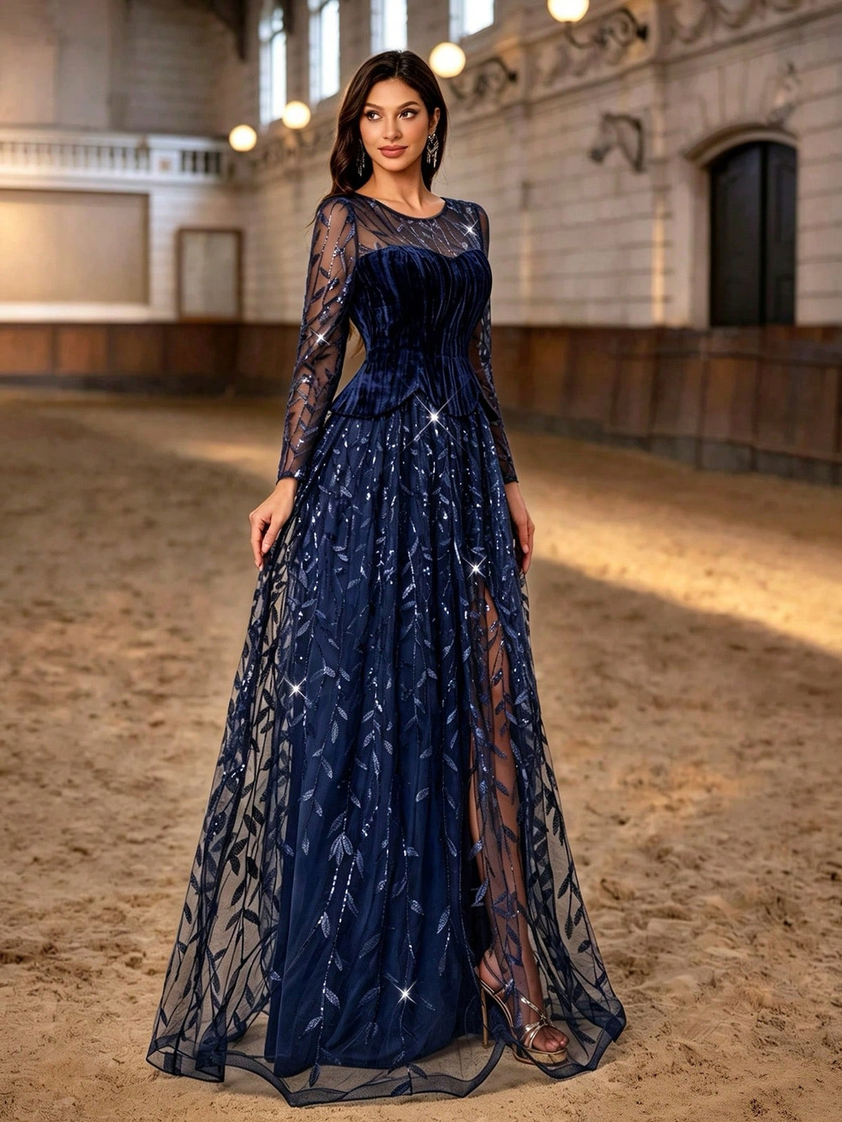 Autumn/Winter Elegant Navy Blue Velvet Sequin Leaf Embroidery Long Evening Gown, Long Sheer Sleeve High Slit 2 In 1 Formal Dress, Suitable For Party, Ball, Wedding