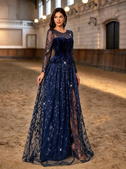 Autumn/Winter Elegant Navy Blue Velvet Sequin Leaf Embroidery Long Evening Gown, Long Sheer Sleeve High Slit 2 In 1 Formal Dress, Suitable For Party, Ball, Wedding