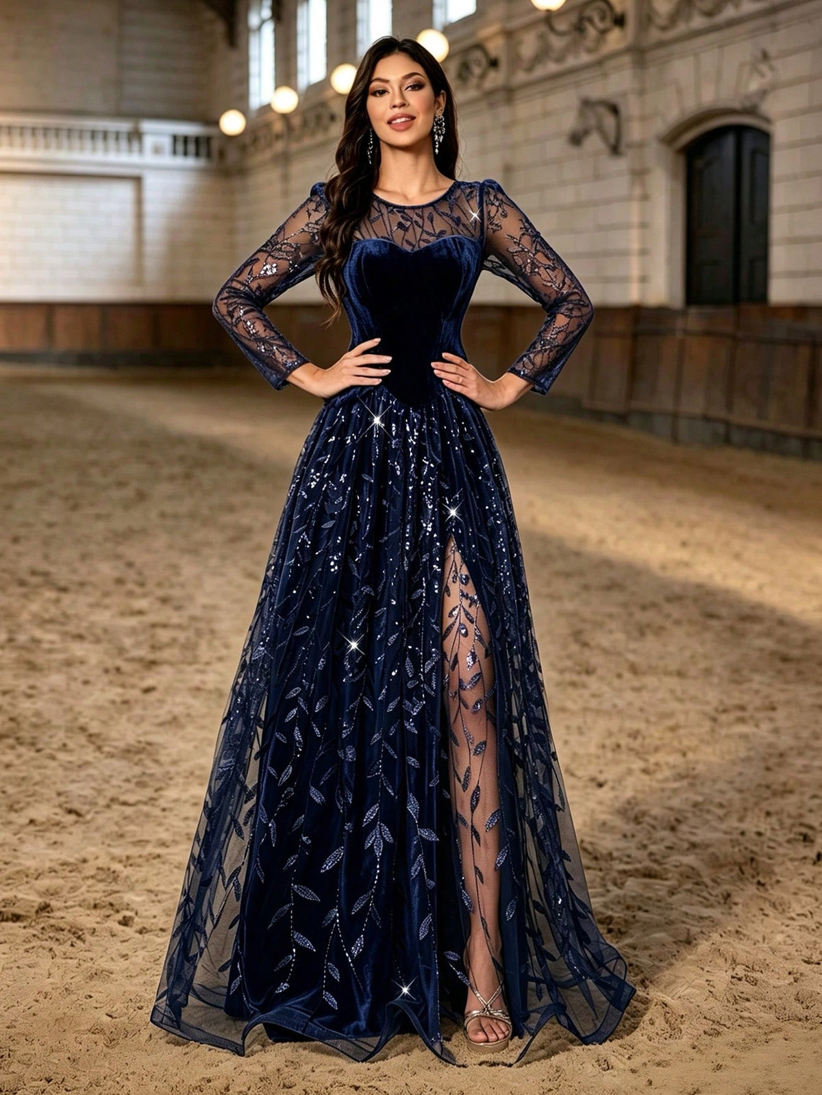 Autumn/Winter Elegant Navy Blue Velvet Sequin Leaf Embroidery Long Evening Gown, Long Sheer Sleeve High Slit 2 In 1 Formal Dress, Suitable For Party, Ball, Wedding
