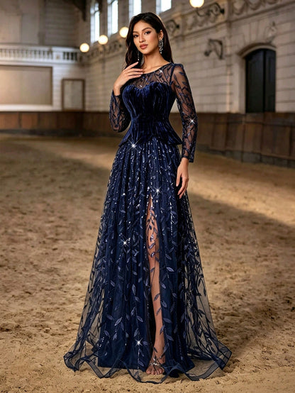 Autumn/Winter Elegant Navy Blue Velvet Sequin Leaf Embroidery Long Evening Gown, Long Sheer Sleeve High Slit 2 In 1 Formal Dress, Suitable For Party, Ball, Wedding