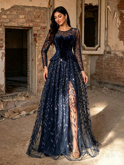Autumn/Winter Elegant Navy Blue Velvet Sequin Leaf Embroidery Long Evening Gown, Long Sheer Sleeve High Slit 2 In 1 Formal Dress, Suitable For Party, Ball, Wedding