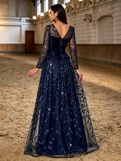 Autumn/Winter Elegant Navy Blue Velvet Sequin Leaf Embroidery Long Evening Gown, Long Sheer Sleeve High Slit 2 In 1 Formal Dress, Suitable For Party, Ball, Wedding