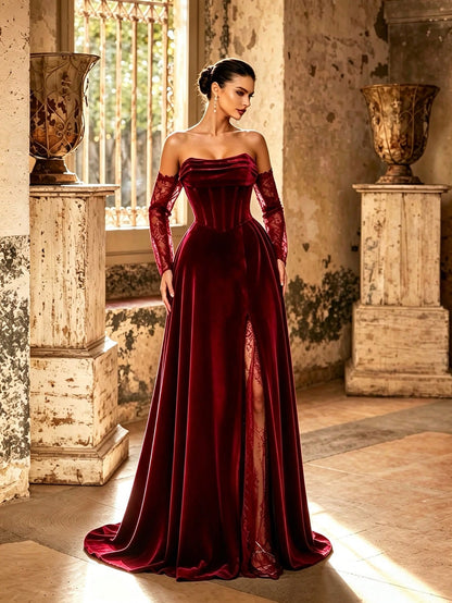 Autumn/Winter Elegant Velvet & Contrast Lace Corset High Slit Formal Long Evening Gown, Ruched Heart-Shaped Neckline Lace Long Sleeve, Suitable For Party & Wedding