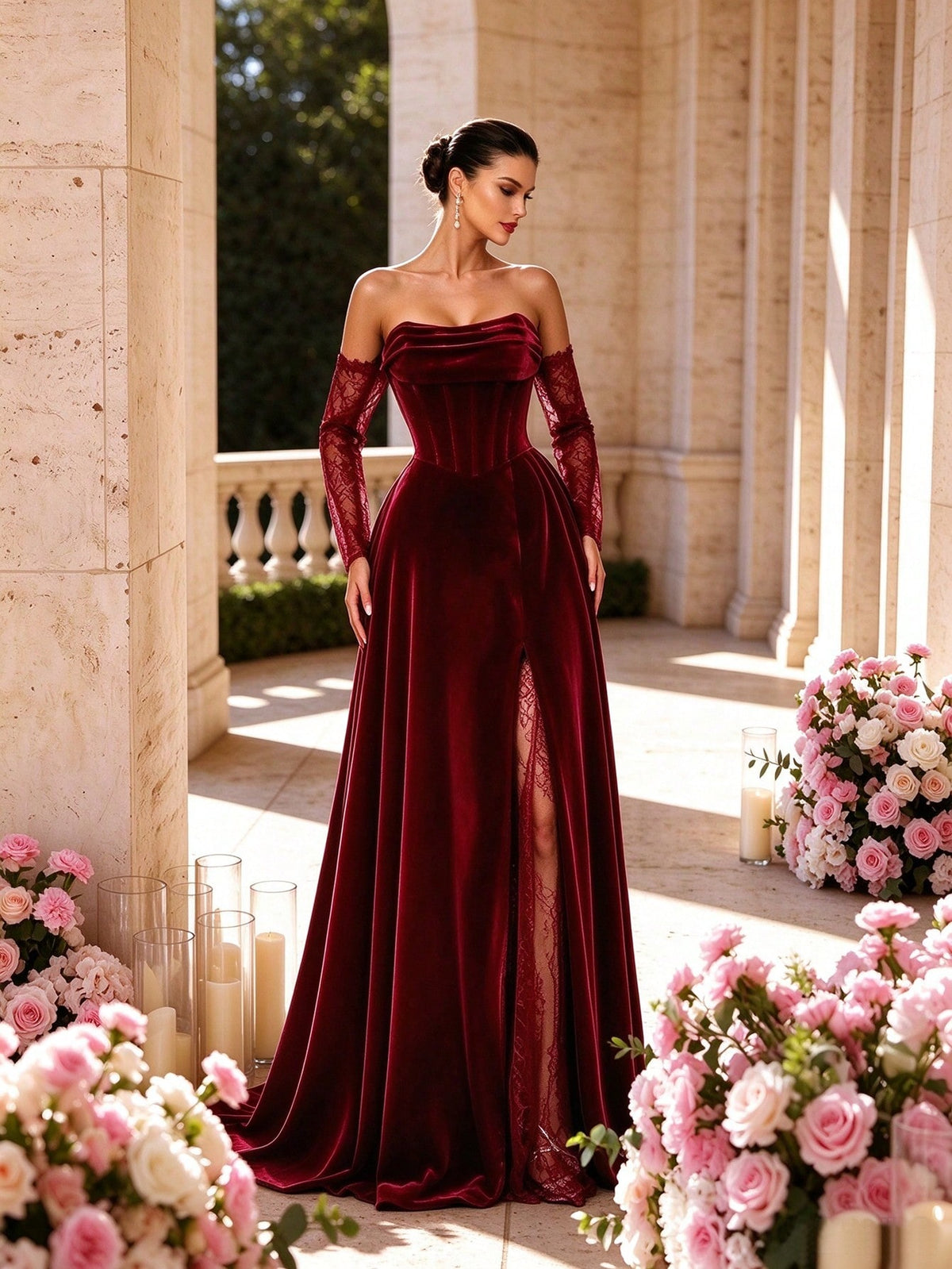 Autumn/Winter Elegant Velvet & Contrast Lace Corset High Slit Formal Long Evening Gown, Ruched Heart-Shaped Neckline Lace Long Sleeve, Suitable For Party & Wedding