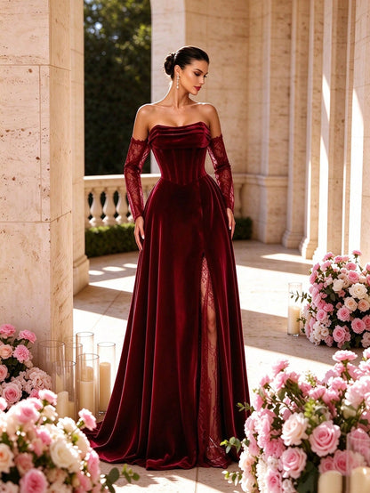 Autumn/Winter Elegant Velvet & Contrast Lace Corset High Slit Formal Long Evening Gown, Ruched Heart-Shaped Neckline Lace Long Sleeve, Suitable For Party & Wedding