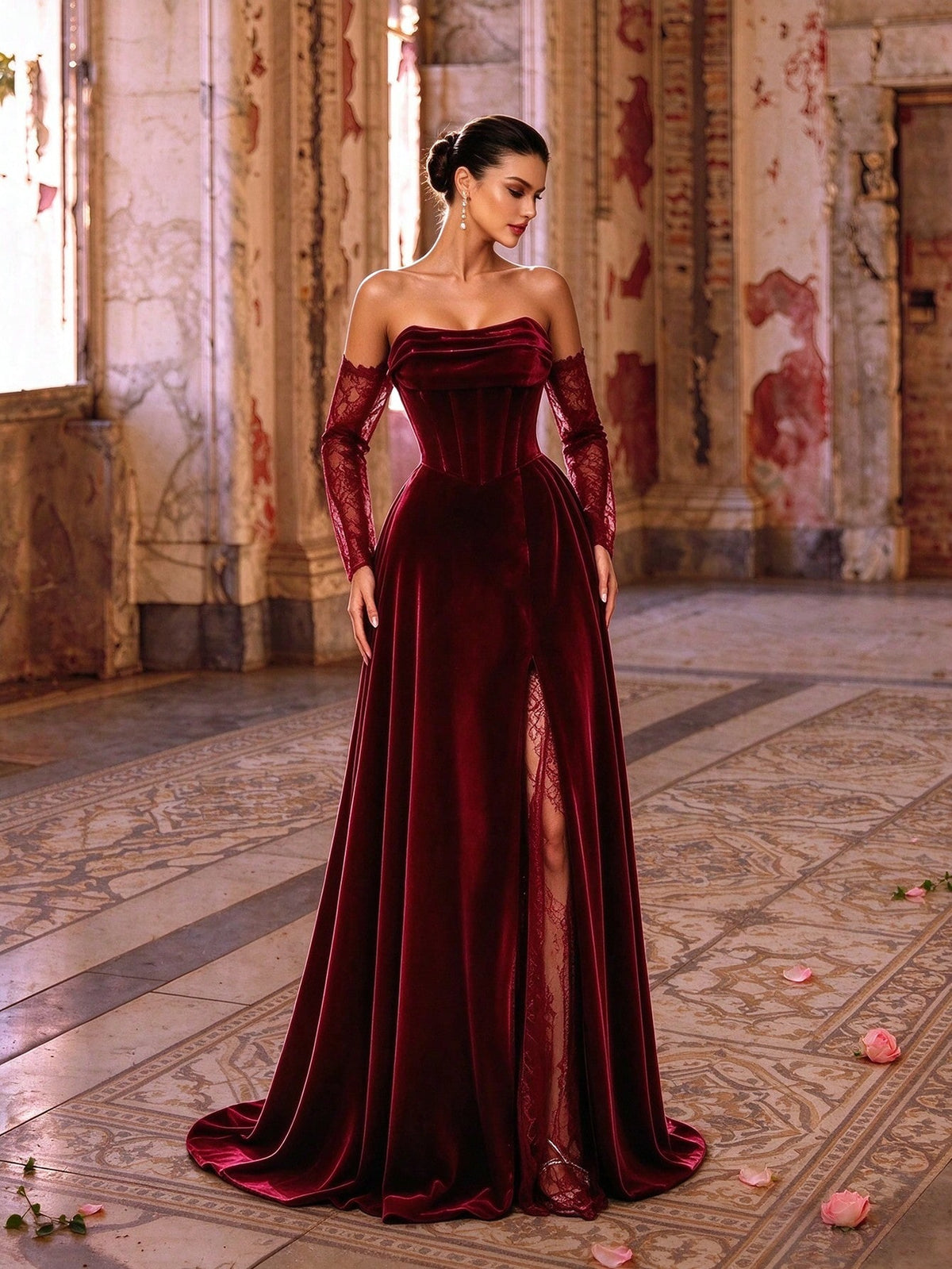 Autumn/Winter Elegant Velvet & Contrast Lace Corset High Slit Formal Long Evening Gown, Ruched Heart-Shaped Neckline Lace Long Sleeve, Suitable For Party & Wedding
