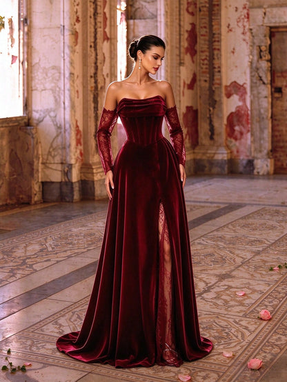 Autumn/Winter Elegant Velvet & Contrast Lace Corset High Slit Formal Long Evening Gown, Ruched Heart-Shaped Neckline Lace Long Sleeve, Suitable For Party & Wedding