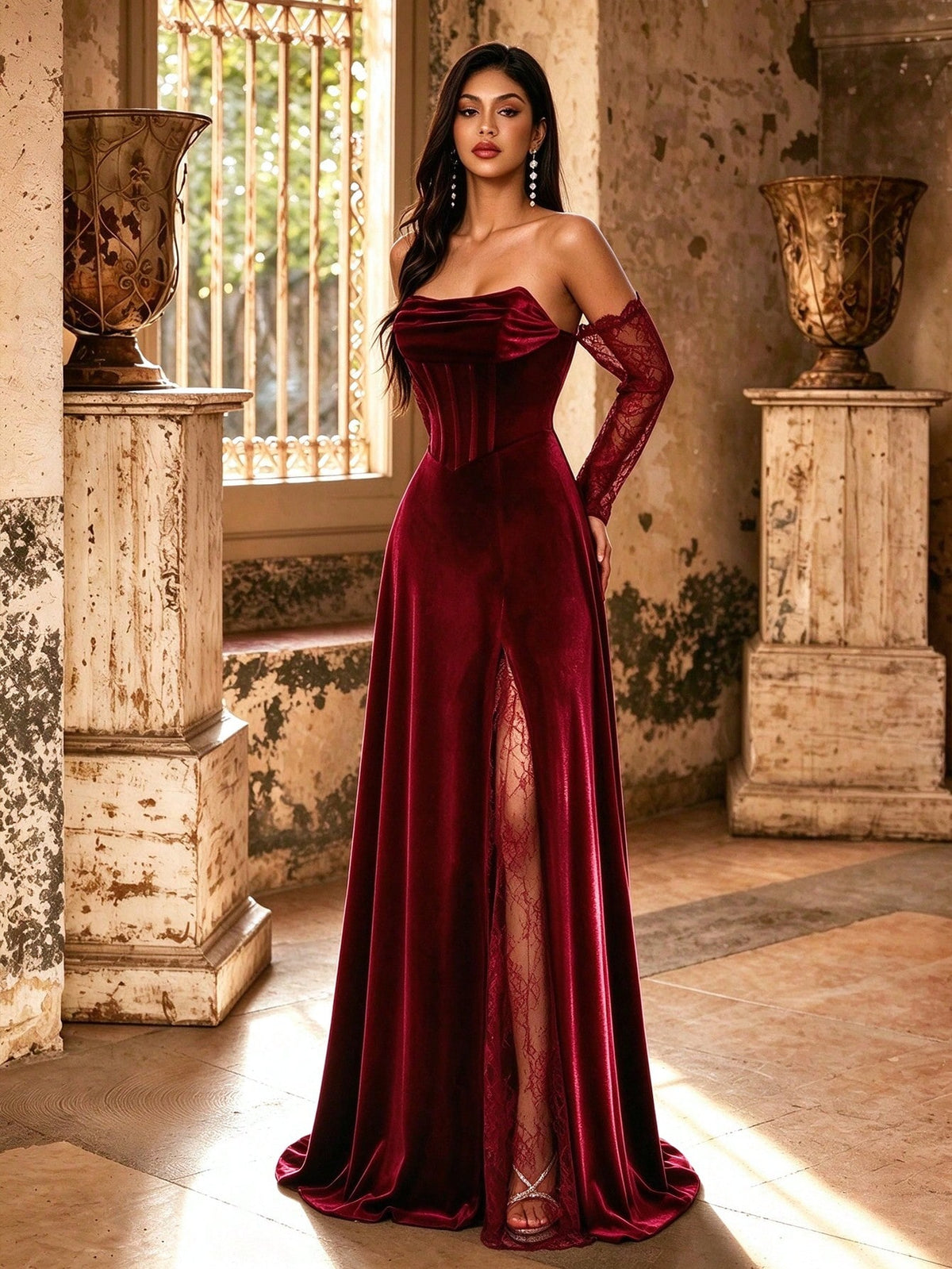 Autumn/Winter Elegant Velvet & Contrast Lace Corset High Slit Formal Long Evening Gown, Ruched Heart-Shaped Neckline Lace Long Sleeve, Suitable For Party & Wedding