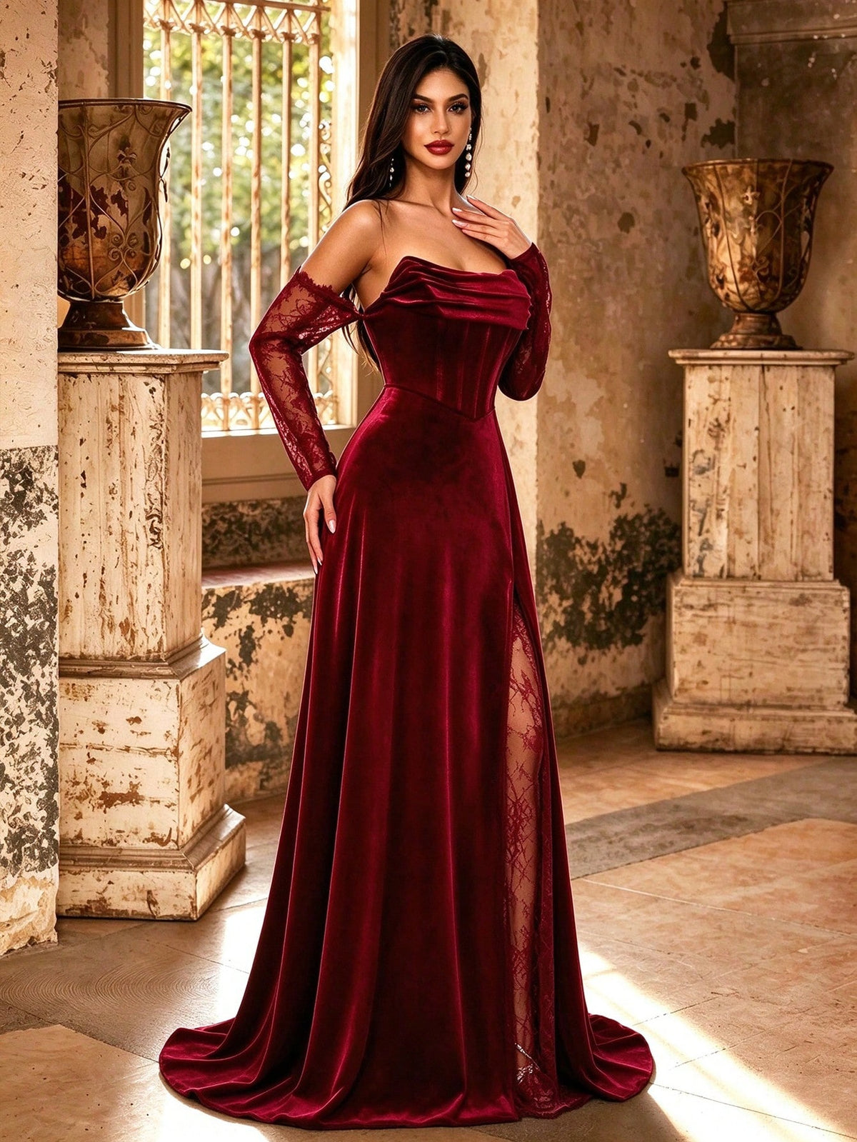 Autumn/Winter Elegant Velvet & Contrast Lace Corset High Slit Formal Long Evening Gown, Ruched Heart-Shaped Neckline Lace Long Sleeve, Suitable For Party & Wedding