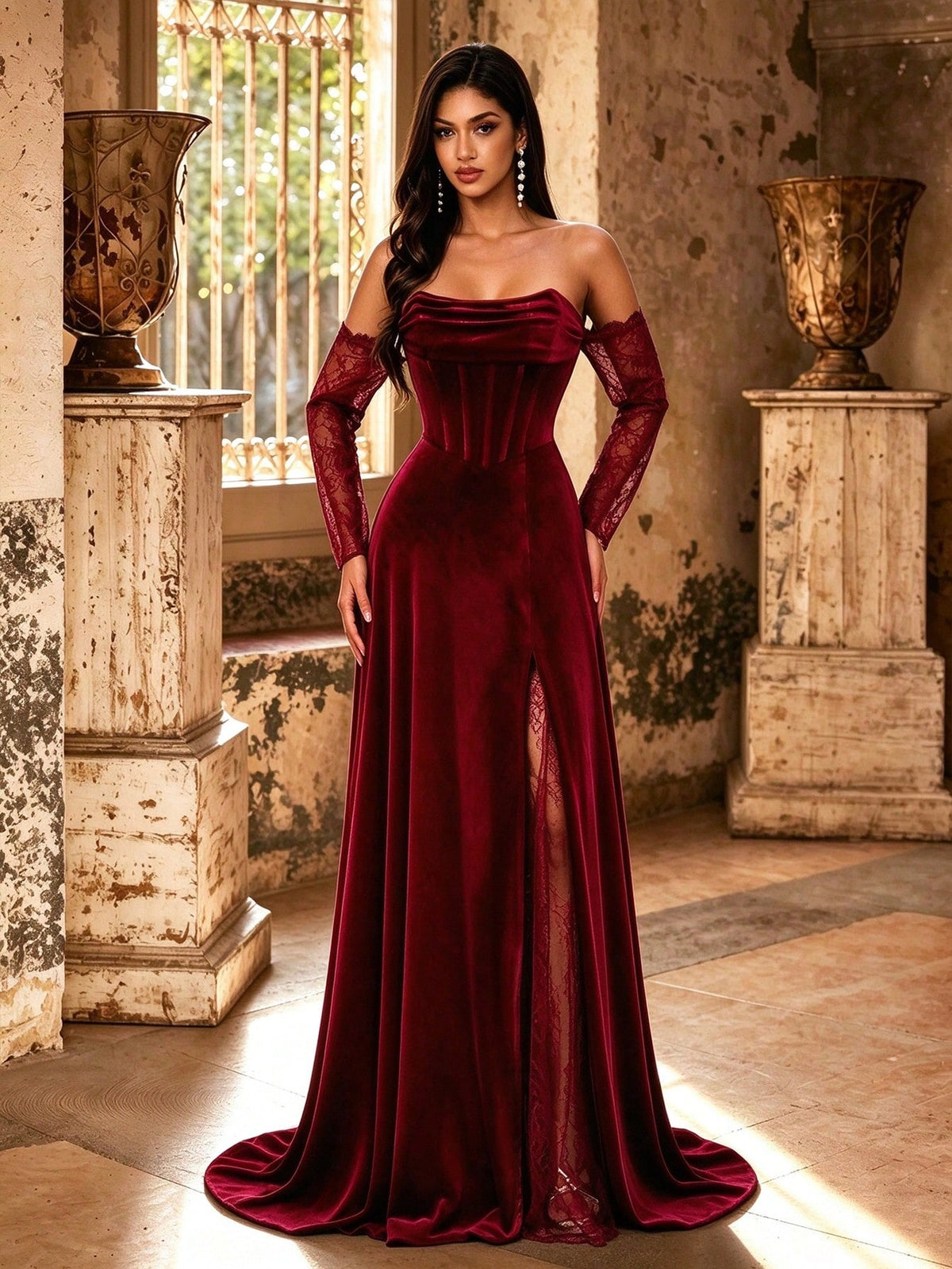Autumn/Winter Elegant Velvet & Contrast Lace Corset High Slit Formal Long Evening Gown, Ruched Heart-Shaped Neckline Lace Long Sleeve, Suitable For Party & Wedding
