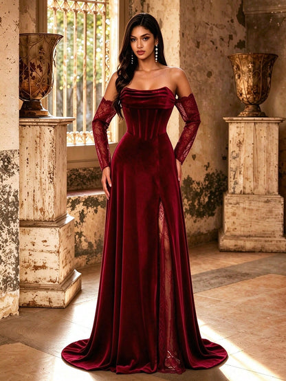 Autumn/Winter Elegant Velvet & Contrast Lace Corset High Slit Formal Long Evening Gown, Ruched Heart-Shaped Neckline Lace Long Sleeve, Suitable For Party & Wedding