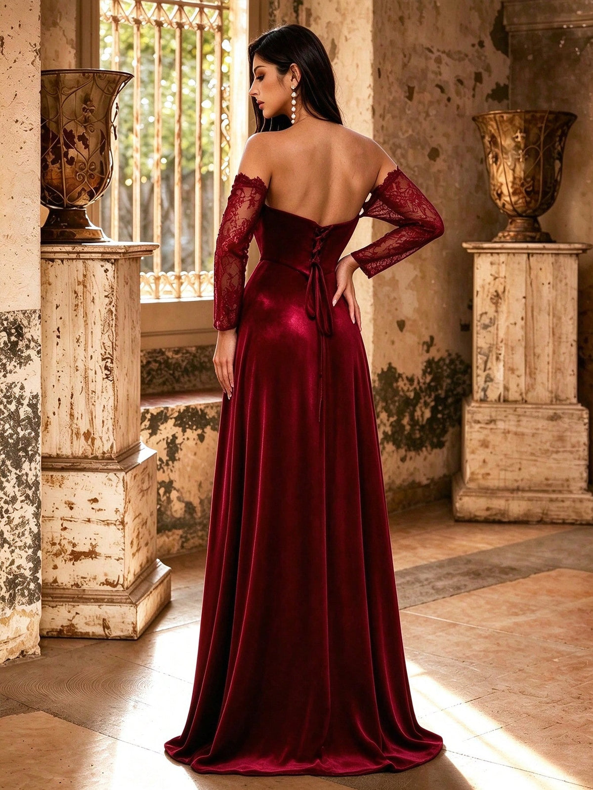 Autumn/Winter Elegant Velvet & Contrast Lace Corset High Slit Formal Long Evening Gown, Ruched Heart-Shaped Neckline Lace Long Sleeve, Suitable For Party & Wedding