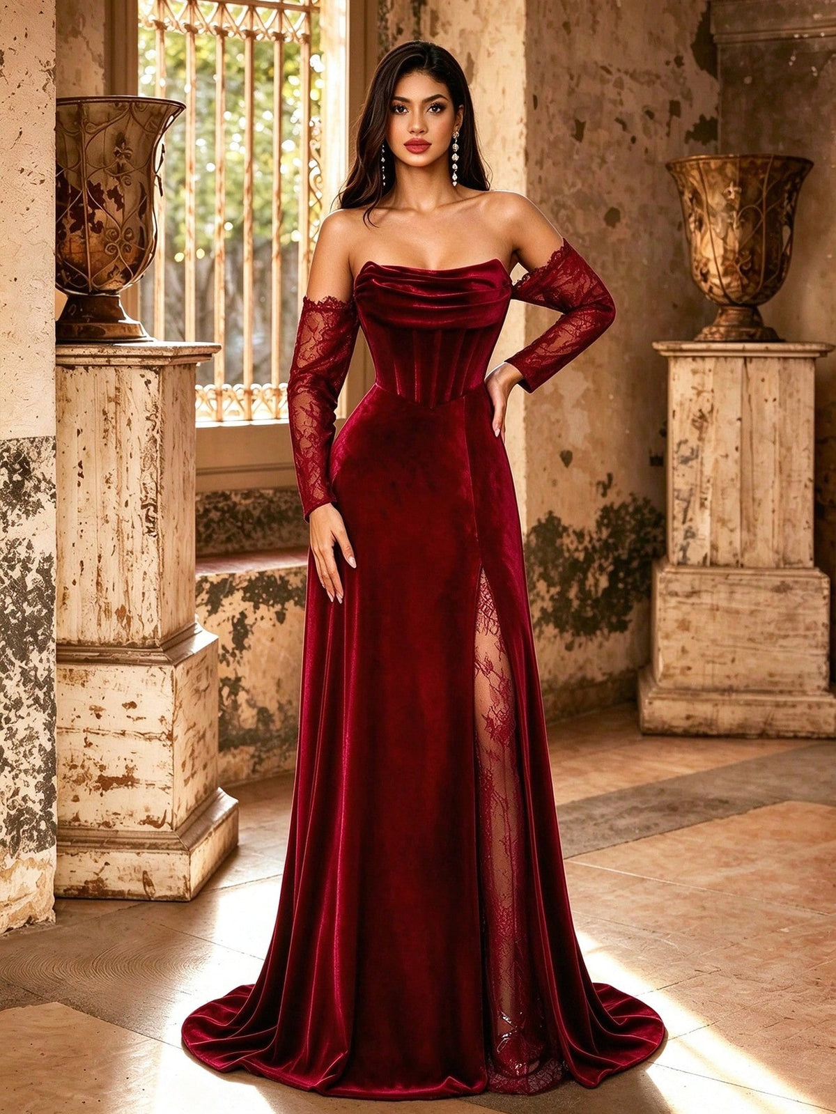 Autumn/Winter Elegant Velvet & Contrast Lace Corset High Slit Formal Long Evening Gown, Ruched Heart-Shaped Neckline Lace Long Sleeve, Suitable For Party & Wedding
