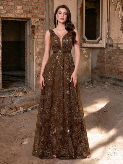 Elegant Women Brown Sleeveless V Neck Floral Sequin A-Line Maxi Gown For Fall Winter Wedding Guest, Prom, Going Out & Festival Evening Birthday Party