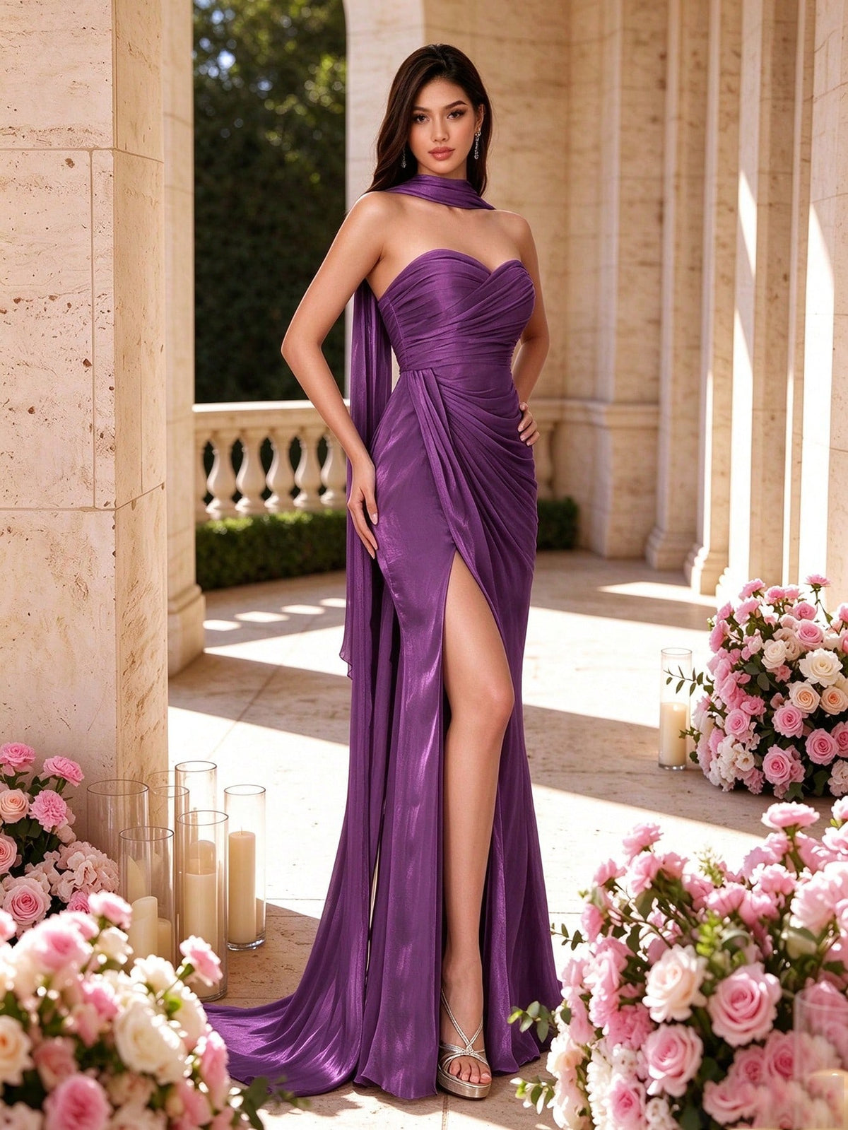 Fall Winter Elegant Strapless Top High Slit Maxi Dress, Luxury Evening Gown For Wedding Party Prom Vacation Festival Includes A Free Halter NeckRibbon