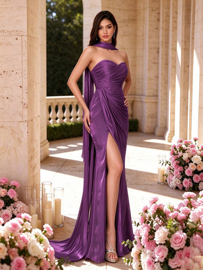Fall Winter Elegant Strapless Top High Slit Maxi Dress, Luxury Evening Gown For Wedding Party Prom Vacation Festival Includes A Free Halter NeckRibbon