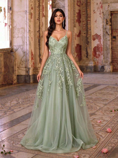 Women's Elegant Sage Green Floral Lace V-Neck Spaghetti Strap Tulle A-Line Maxi Dress Fall Wedding