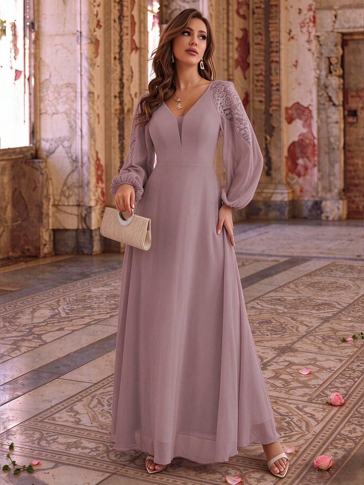 Fall Winter Elegant Romance Woman Spliced Tulle Lace Lantern Sleeve High Slit Bridesmaid Dress For Festival Party Wedding & Prom Birthday