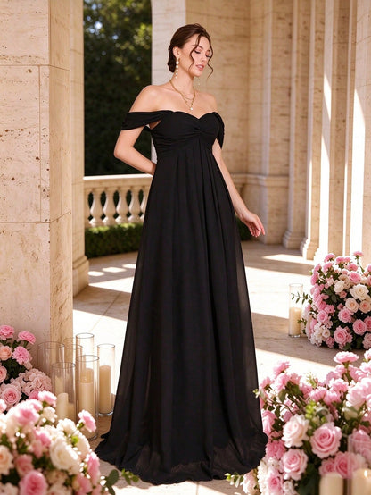 Women Elegant Black Fall Winter Off Shoulder Romantic Bridesmaid Gown, Ruched Ruffle Chiffon A-Line Length Maxi Dress For Wedding Dinner Party Prom