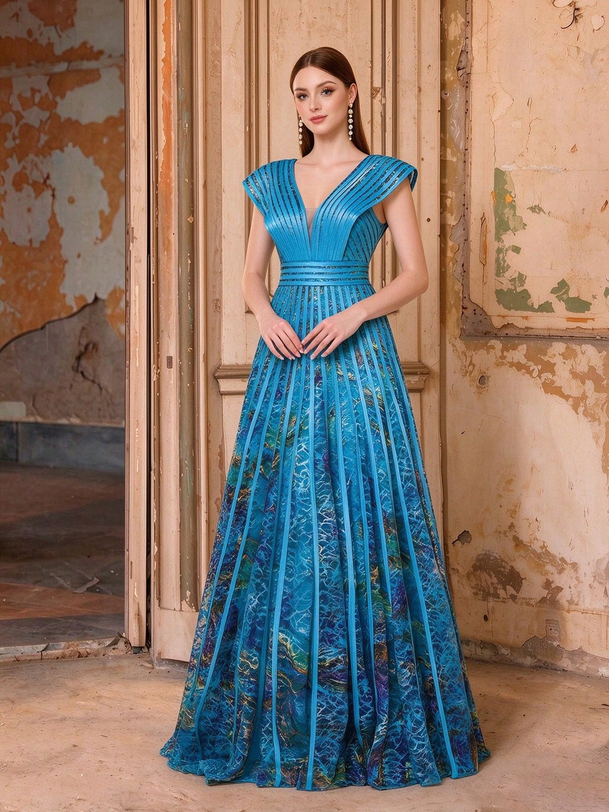 Women Elegant Fall Winter V Neck Cap Ruffle Sleeve Lace Printed Belted A-Line Flowy Maxi Evening Gown For Wedding Guest, Dinner, Party