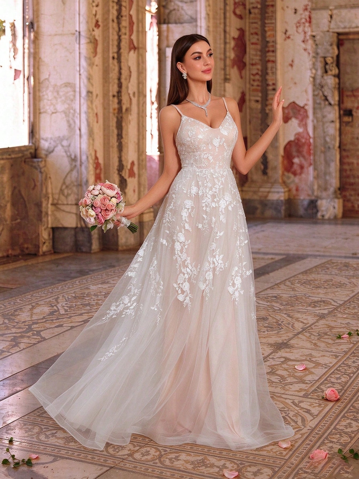 Women's Elegant Sage Green Floral Lace V-Neck Spaghetti Strap Tulle A-Line Maxi Dress Fall Wedding
