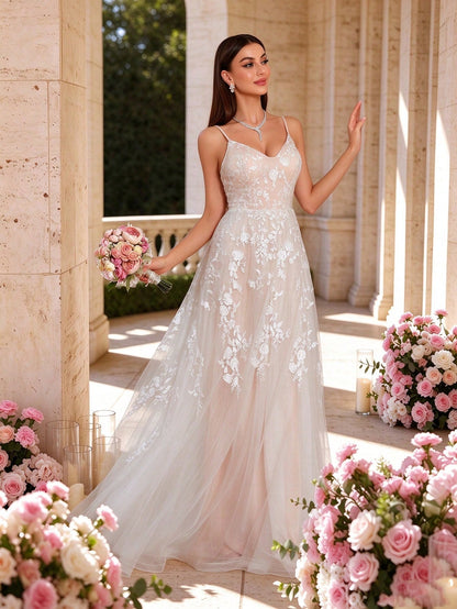 Women's Elegant Sage Green Floral Lace V-Neck Spaghetti Strap Tulle A-Line Maxi Dress Fall Wedding