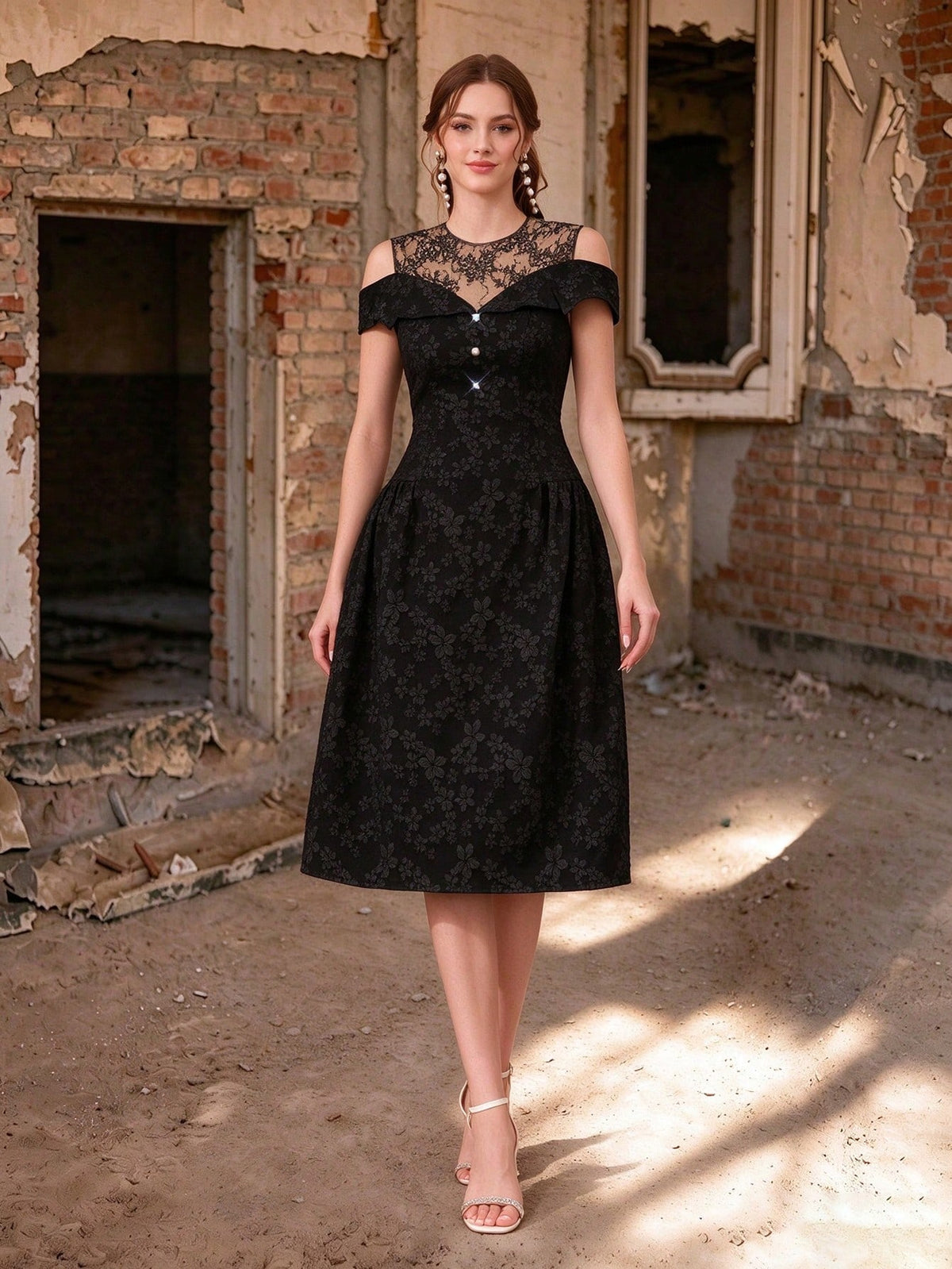 Women Elegant Fall Winter Black Jacquard Lace Dress, Cold Shoulder Neckline With Diamond Buttons, Midi A-Line Gown For Wedding, Dinner, Party, Prom