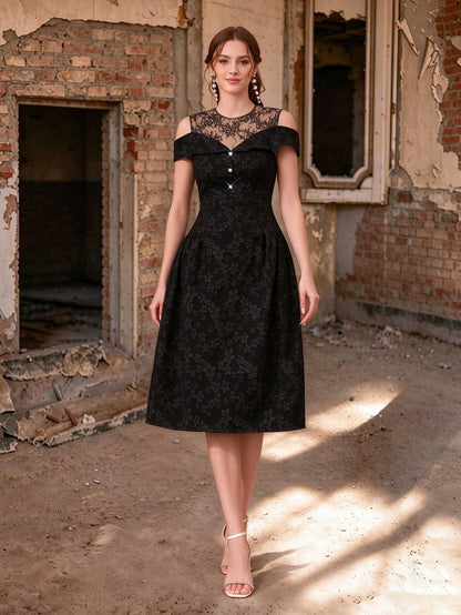 Women Elegant Fall Winter Black Jacquard Lace Dress, Cold Shoulder Neckline With Diamond Buttons, Midi A-Line Gown For Wedding, Dinner, Party, Prom