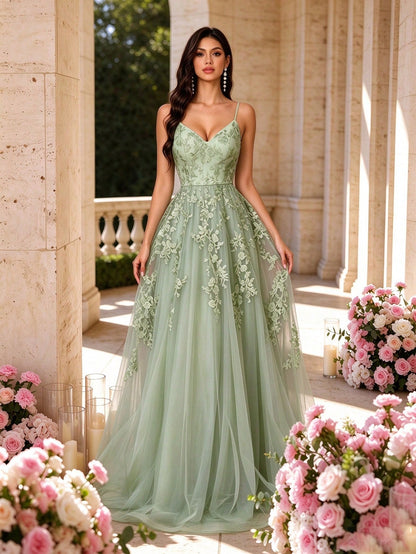 Women's Elegant Sage Green Floral Lace V-Neck Spaghetti Strap Tulle A-Line Maxi Dress Fall Wedding