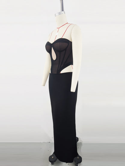 Women's Black Strapless Cutout Evening Gown, Elegant Sexy Bodycon Party Dress