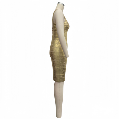 Gold Foil Sleeveless Bandage Dress, High Stretch Slimming Elegant Evening Gown