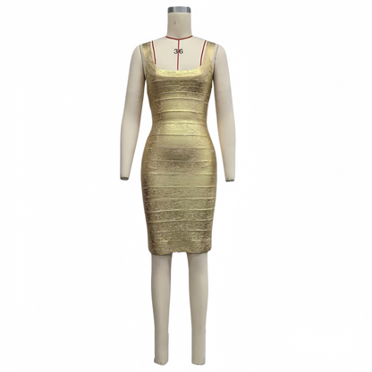 Gold Foil Sleeveless Bandage Dress, High Stretch Slimming Elegant Evening Gown