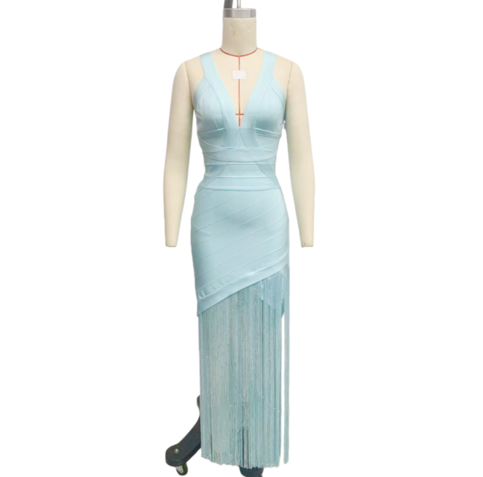 Mint Blue Spaghetti Strap V-Neck Tassel Bandage Dress