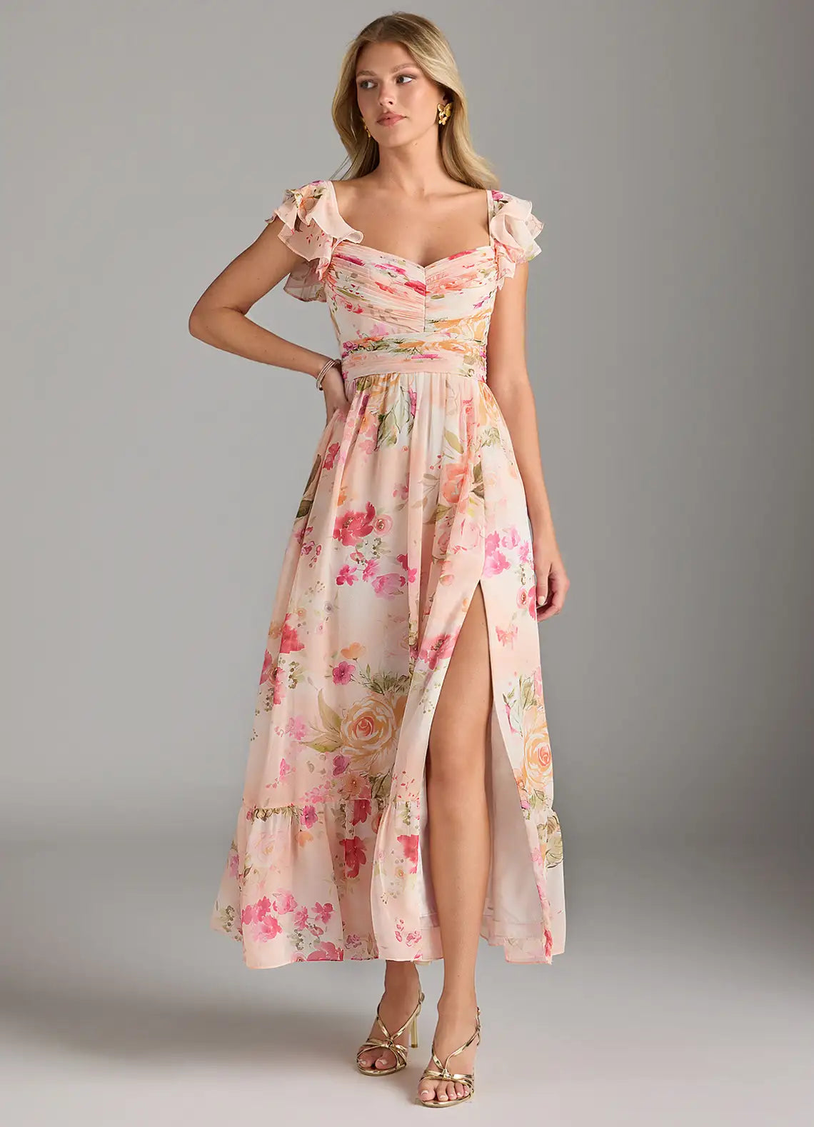 Abstract Bouquet Floral A-Line Sweetheart Neckline Chiffon Dress（副本）