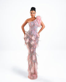 New Arrival: Heavy-embellished One-Shoulder Evening Gown with Irregular Feather Details