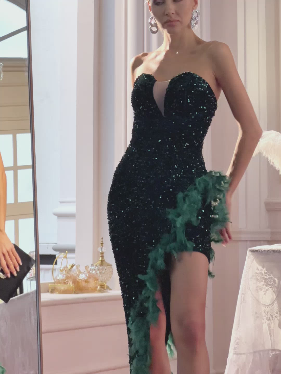 Lois Strapless Sequin Feather Trimmed Maxi Dress In Emerald