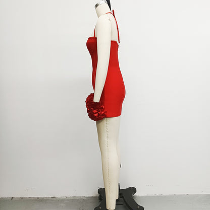 Red Halter Top Dress with 3D Floral, Short Bandage Vacation Evening Gown