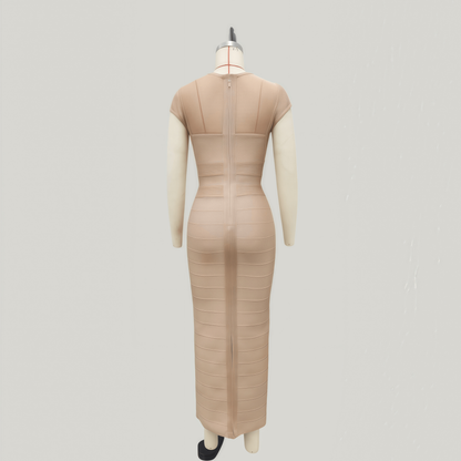 Cap-Sleeve Sheer Mesh Bandage Maxi Dress