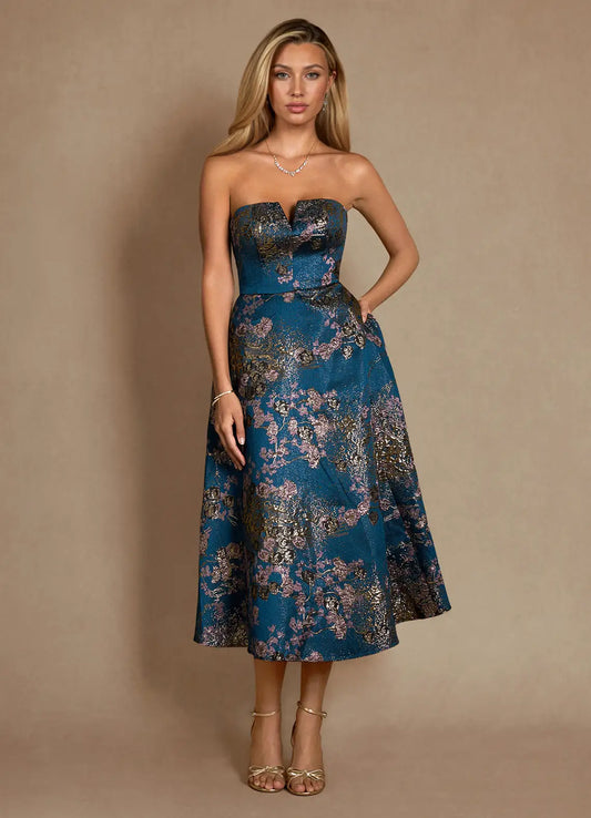 Teal Floral A-Line Pleated Brocade Dress