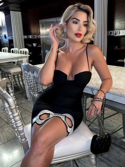 Black Spaghetti Strap Double Loop Rhinestone Bandage Dress