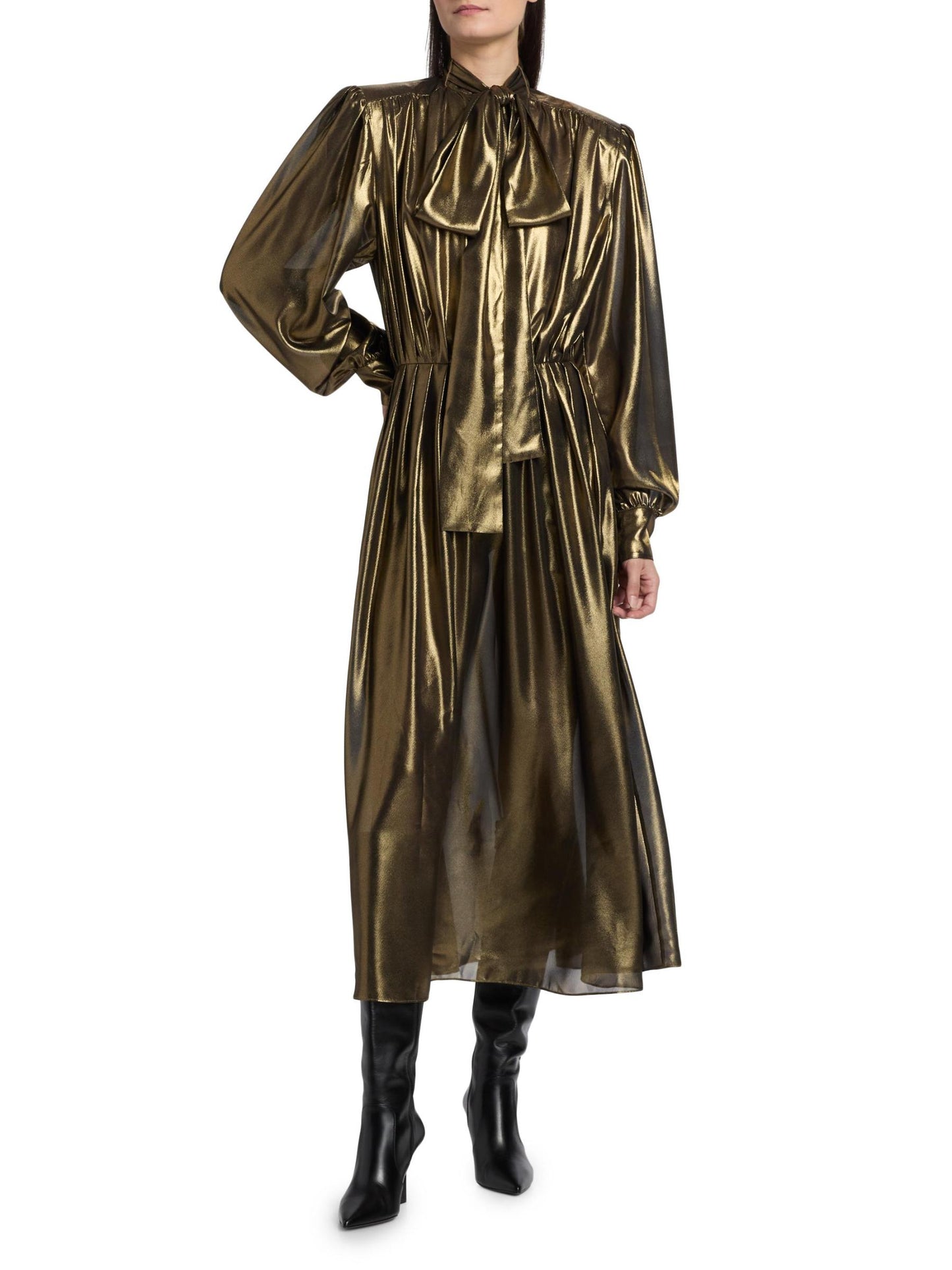 Anora Pleated Metallic Midi-Dress