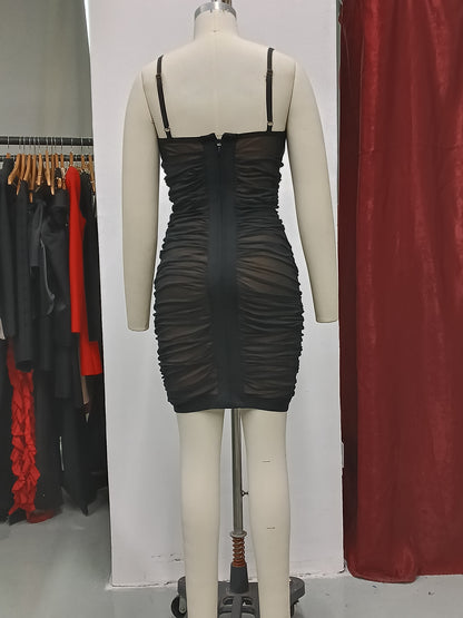 Mesh Spaghetti Strap V-Neck Bandage Dress, Clubwear