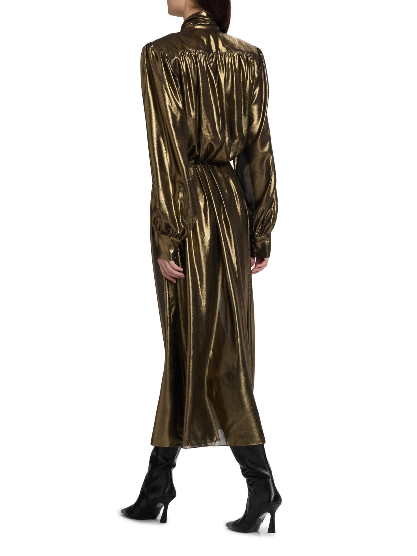 Anora Pleated Metallic Midi-Dress