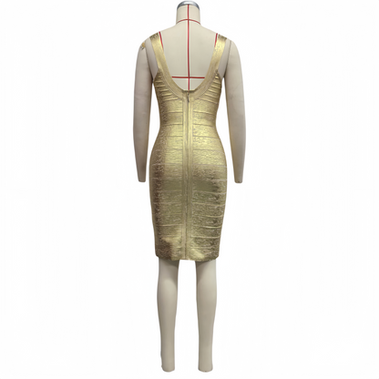 Gold Foil Sleeveless Bandage Dress, High Stretch Slimming Elegant Evening Gown