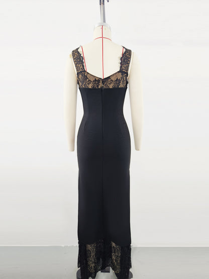 V-Neck Lace Panel Spaghetti Strap Bandage Dress