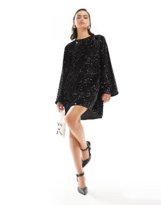 Pieces sequin mini dress with ribbon bow back in black
