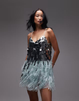 paillette sequin mini dress with faux feather hem in blue